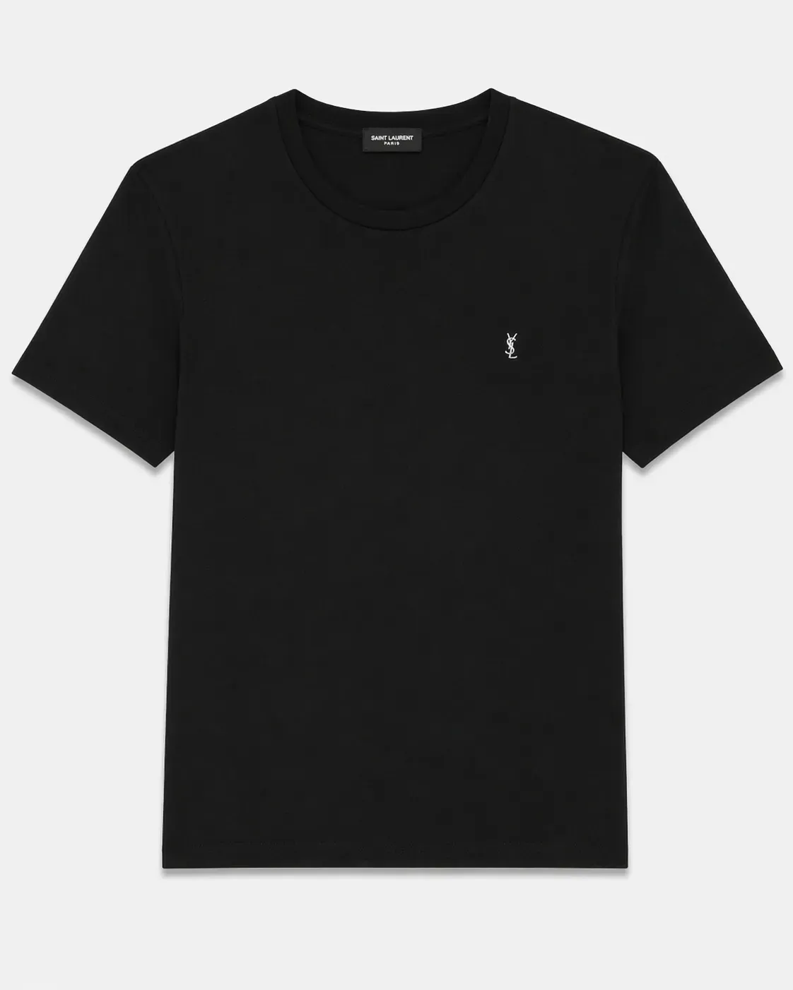 saint laurent black minimal logo tee shirt men's front view cotton crew neck short sleeve