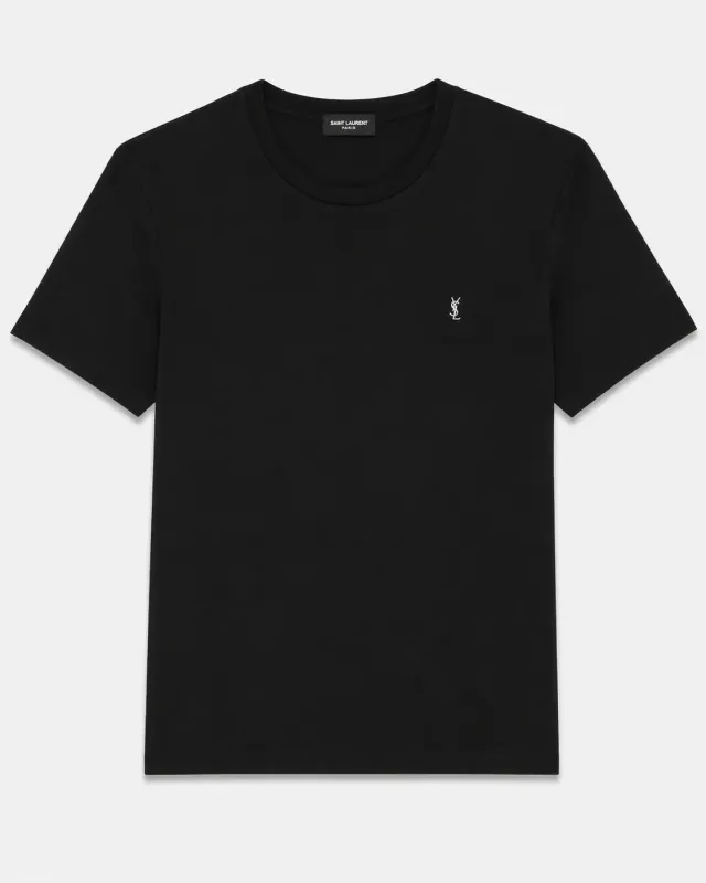 saint laurent black minimal logo tee shirt men's front view cotton crew neck short sleeve