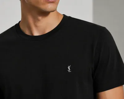 saint laurent black minimal logo tee shirt men's editorial chest crop logo detail