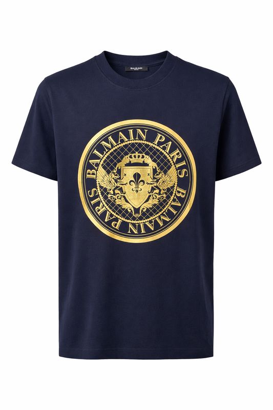 Balmain Paris men’s navy T-shirt with gold crest logo made from premium cotton