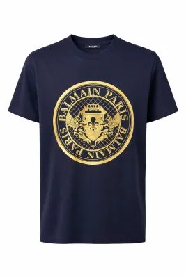 Balmain navy t shirt gold crest logo mens luxury designer t shirt premium cotton
