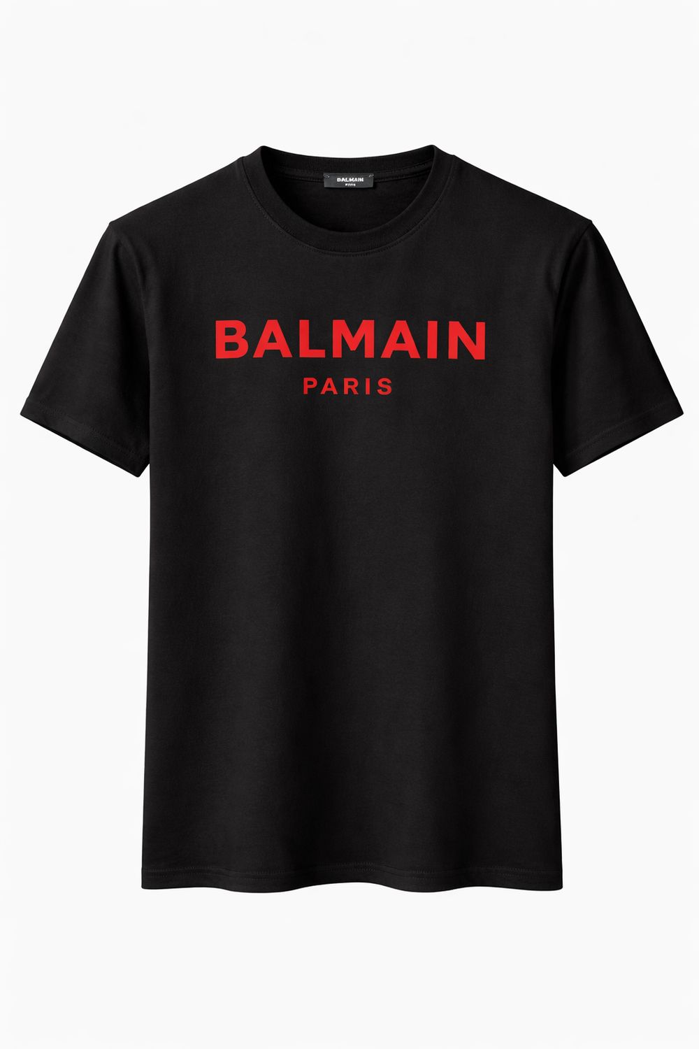 Balmain Paris black men’s T-shirt with red logo, premium designer short sleeve tee