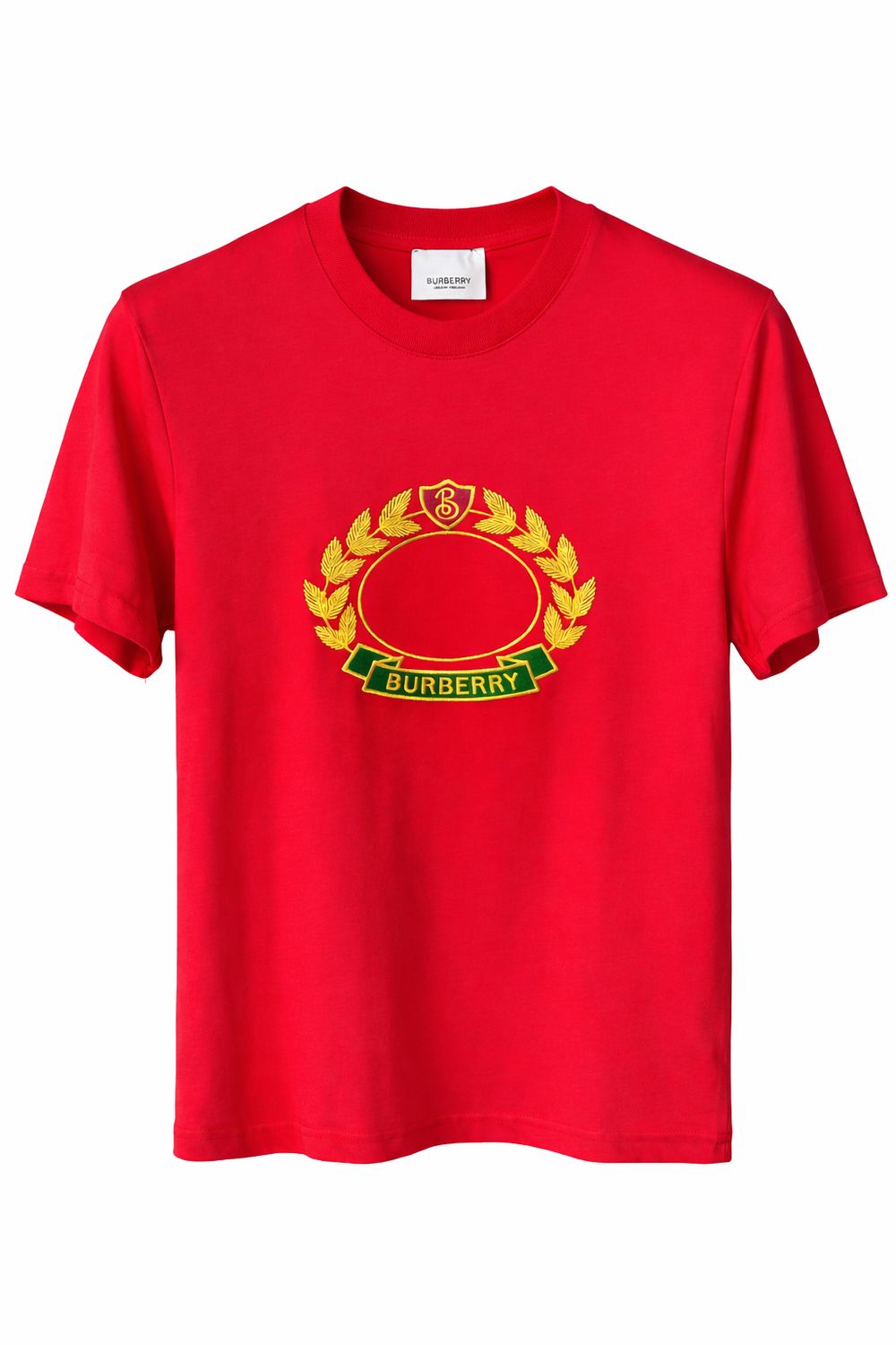 Burberry red luxury men's t-shirt with gold embroidered logo detail front view designer fashion apparel