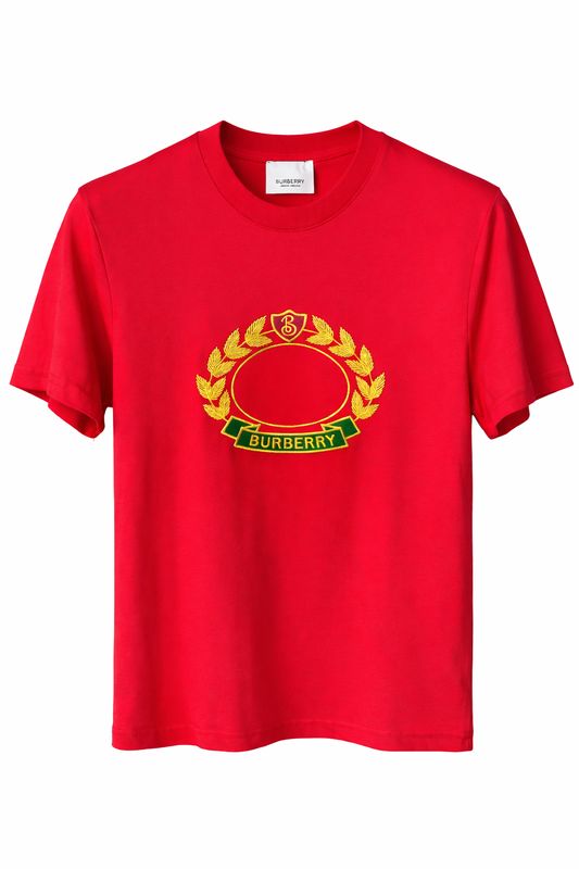 Burberry red luxury men's t-shirt with gold embroidered logo detail front view designer fashion apparel