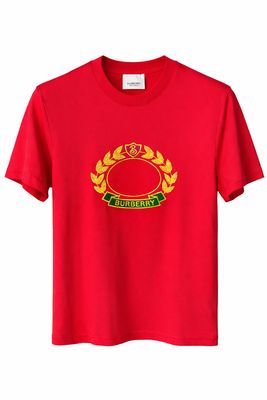 Burberry red luxury men's t-shirt with gold embroidered logo detail front view designer fashion apparel
