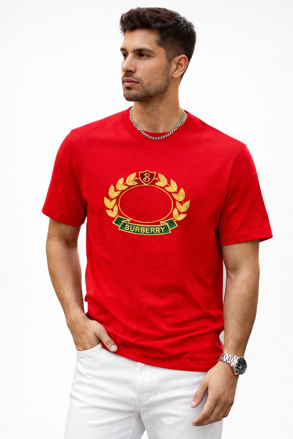 Male model wearing Burberry red luxury t-shirt with embroidered logo in studio fashion photoshoot