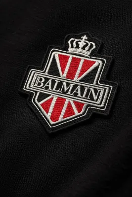 Balmain black crest logo embroidered close up designer t shirt premium cotton detail