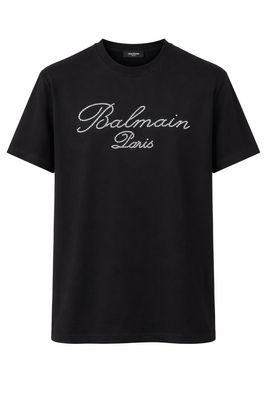 Balmain Paris men’s black T-shirt with rhinestone logo made from premium cotton
