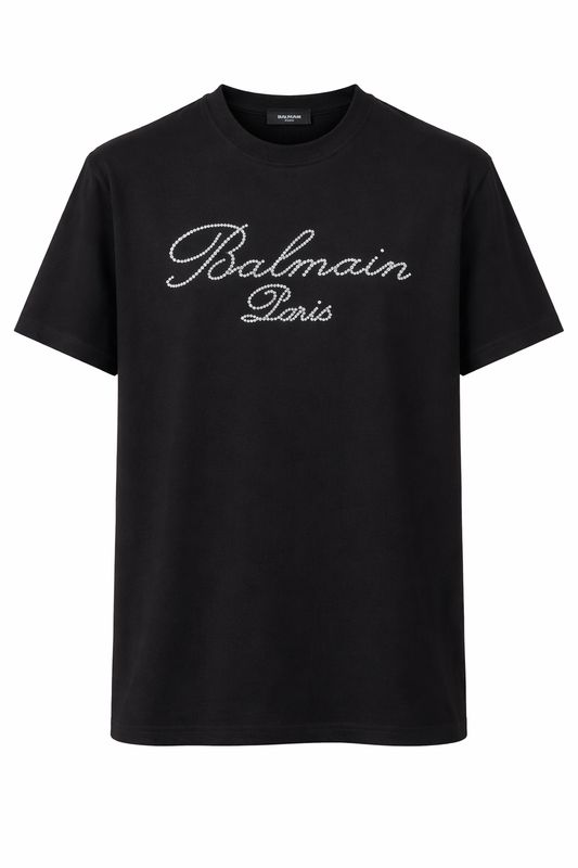 Balmain Paris men’s black T-shirt with rhinestone logo made from premium cotton