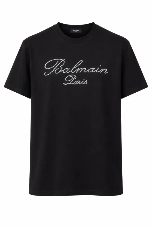 Balmain Paris men’s black T-shirt with rhinestone logo made from premium cotton