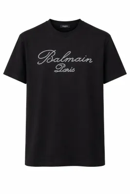 Balmain Paris men’s black T-shirt with rhinestone logo made from premium cotton