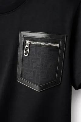 Fendi black t shirt mens luxury designer tee with zip pocket detail premium cotton close up