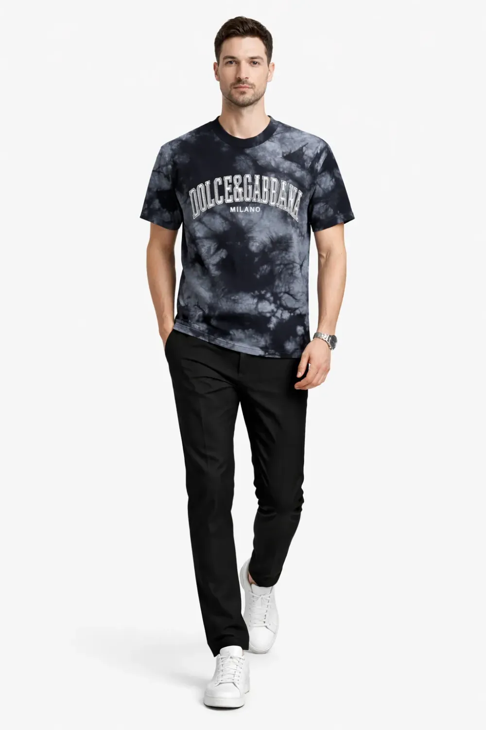Male model walking wearing Dolce &amp; Gabbana Milano black tie dye designer t-shirt luxury men's fashion walking pose