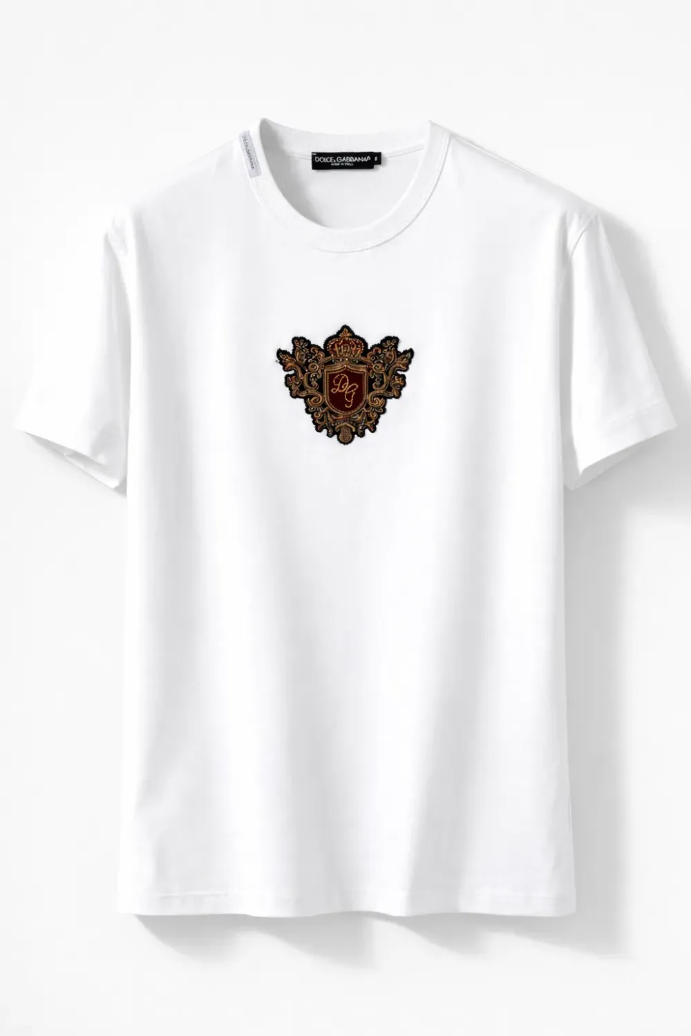 dolce gabbana baroque crest logo white designer t shirt for men luxury italian minimalist fashion with embroidered royal embl