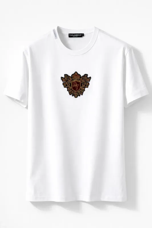 dolce gabbana baroque crest logo white designer t shirt for men luxury italian minimalist fashion with embroidered royal embl