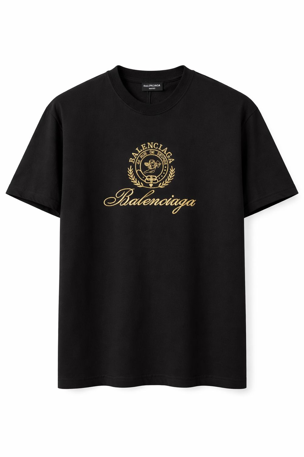 Balenciaga black men's t-shirt with gold logo print front view