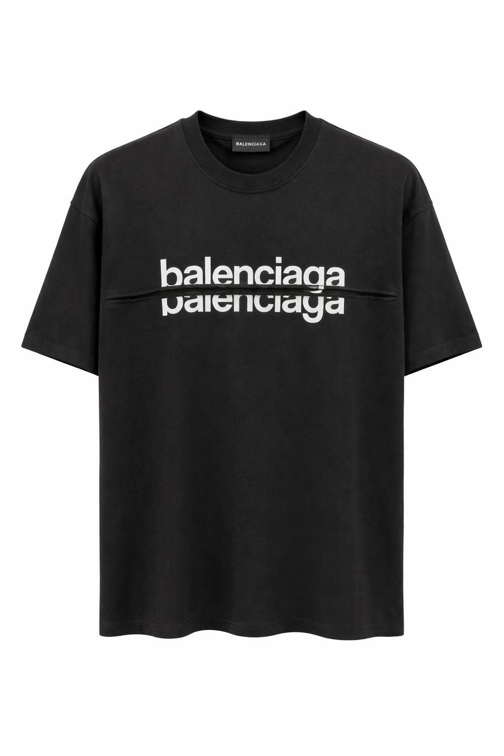 Balenciaga black logo cut design men’s luxury t-shirt front view authentic designer streetwear