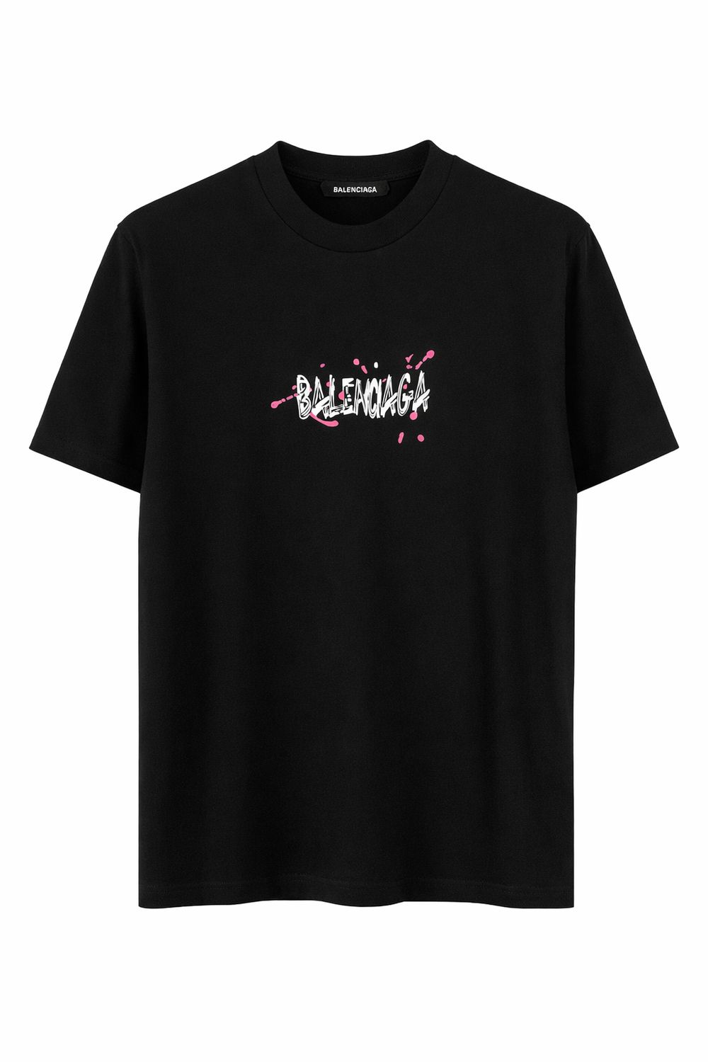 Balenciaga black men’s t-shirt with graffiti logo print front view on white background