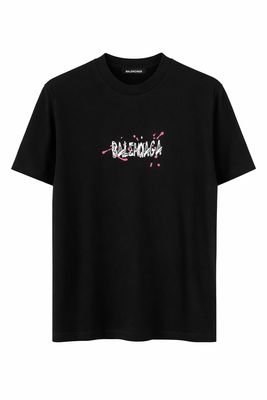 Balenciaga black men’s t-shirt with graffiti logo print front view on white background