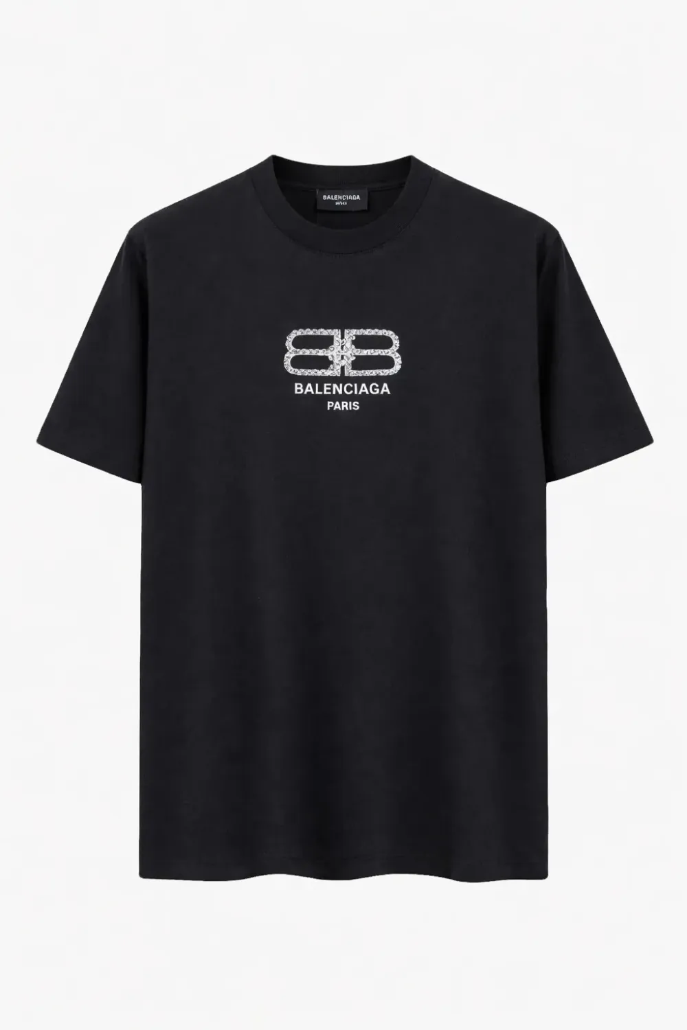 Balenciaga rhinestone black tee shirt men front catalog studio view
