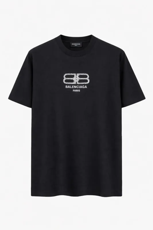 Balenciaga rhinestone black tee shirt men front catalog studio view