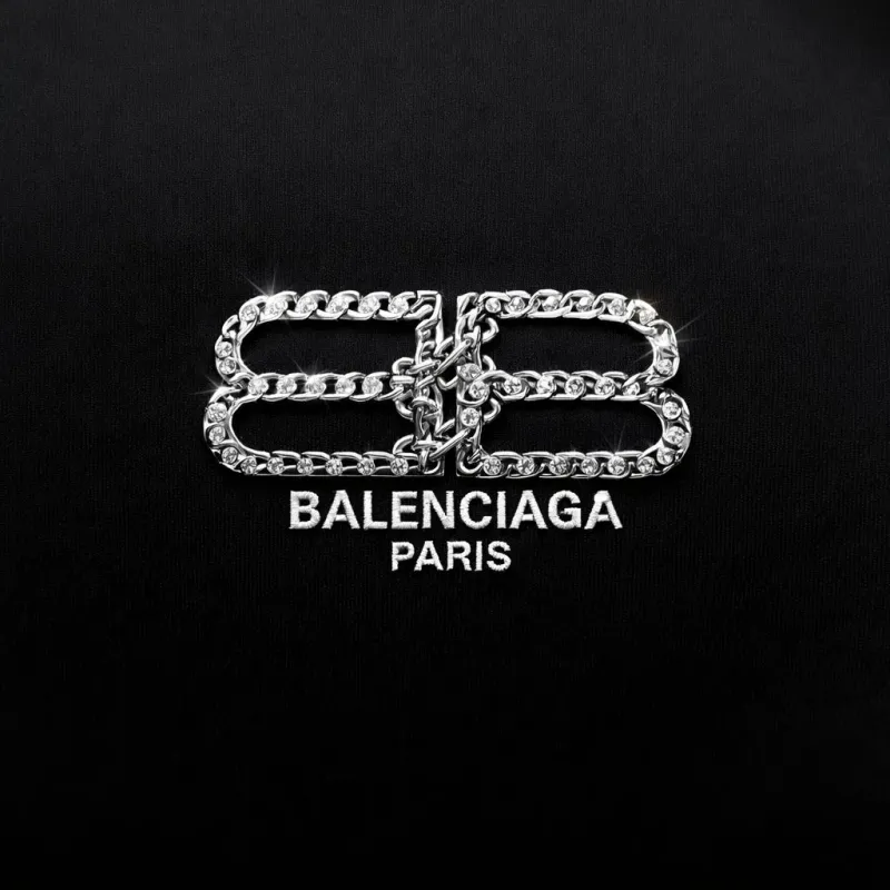 Balenciaga rhinestone black tee shirt men logo close up front view