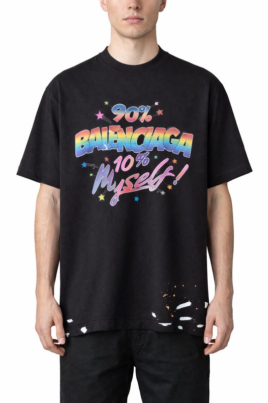Black Balenciaga oversized graphic t-shirt on male model front view with colorful 90% Balenciaga print and distressed hem det