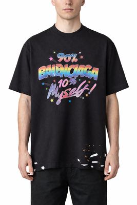 Black Balenciaga oversized graphic t-shirt on male model front view with colorful 90% Balenciaga print and distressed hem det