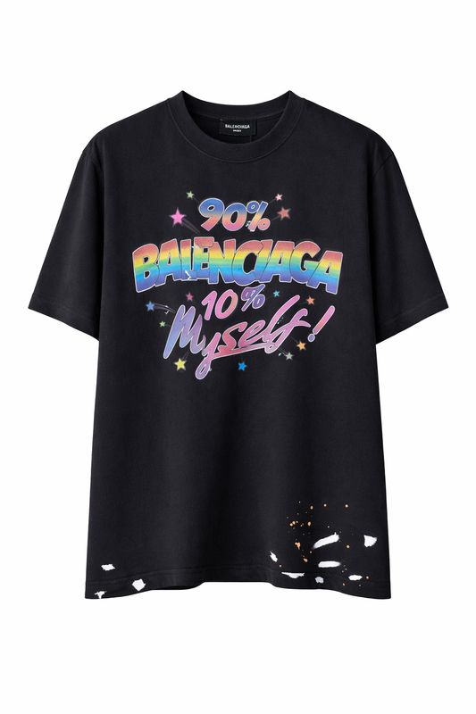 Black Balenciaga oversized graphic t-shirt with colorful 90% Balenciaga print and distressed hem detail