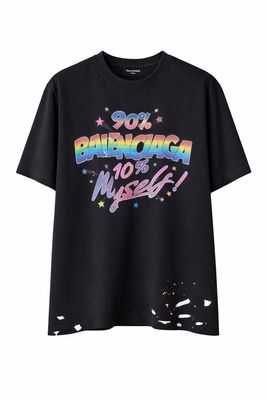 Black Balenciaga oversized graphic t-shirt with colorful 90% Balenciaga print and distressed hem detail
