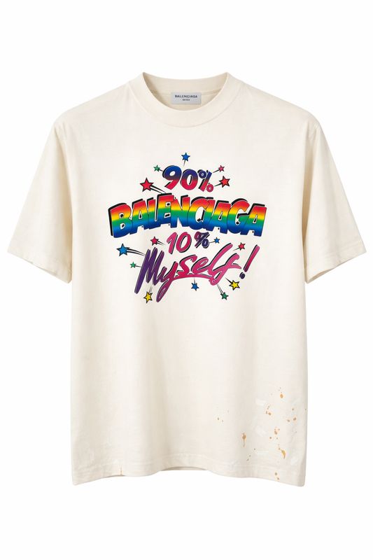 Balenciaga cream graphic t-shirt for men with 90 percent myself print front view