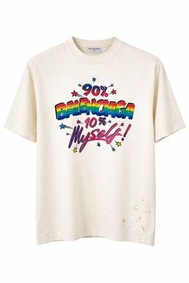 Balenciaga cream graphic t-shirt for men with 90 percent myself print front view