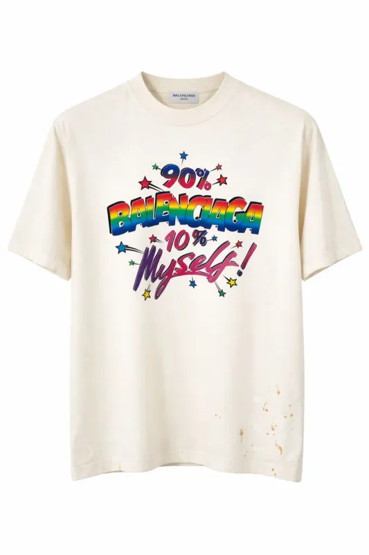 Balenciaga cream rainbow graphic t shirt mens colorful designer streetwear cotton tee