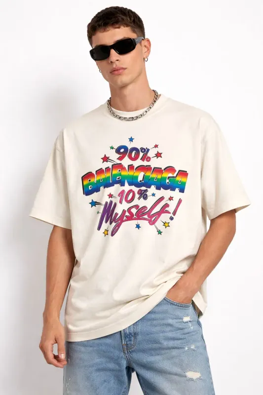 Balenciaga cream graphic t shirt mens rainbow logo designer streetwear luxury cotton tee
