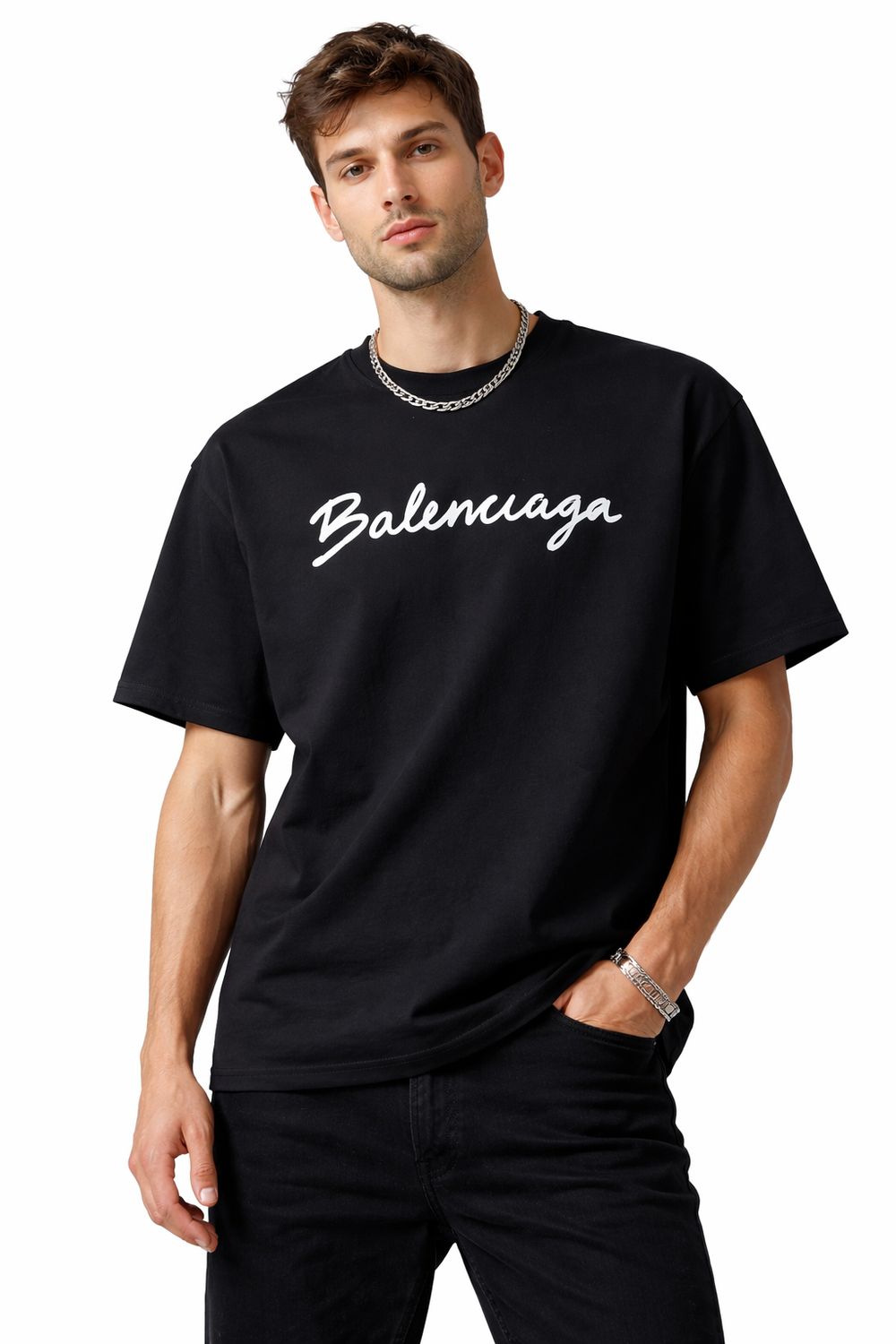male model wearing Balenciaga black script logo t-shirt front view luxury designer men’s minimalist fashion studio image