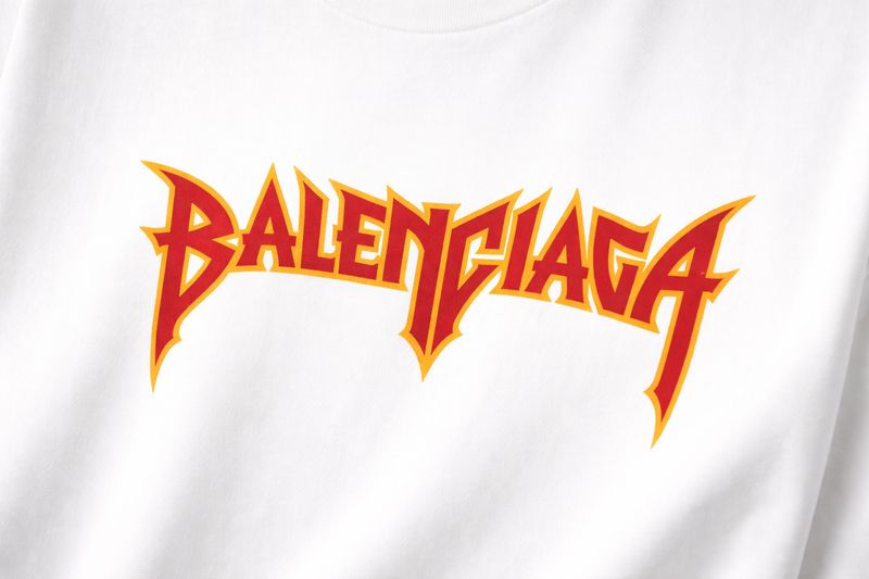 Balenciaga white logo close-up detail luxury designer men’s t-shirt premium cotton fabric studio image
