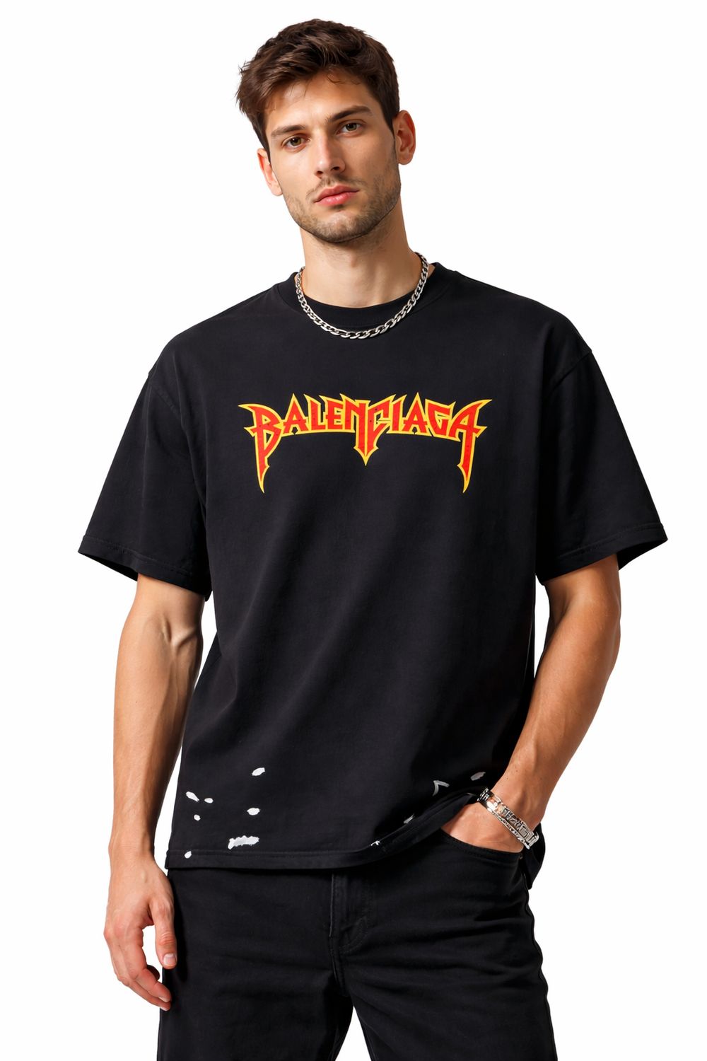 male model wearing Balenciaga black flame logo t-shirt front view luxury designer men’s streetwear studio image