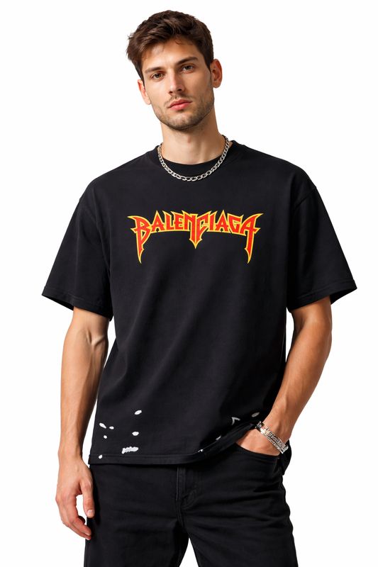 male model wearing Balenciaga black flame logo t-shirt front view luxury designer men’s streetwear studio image