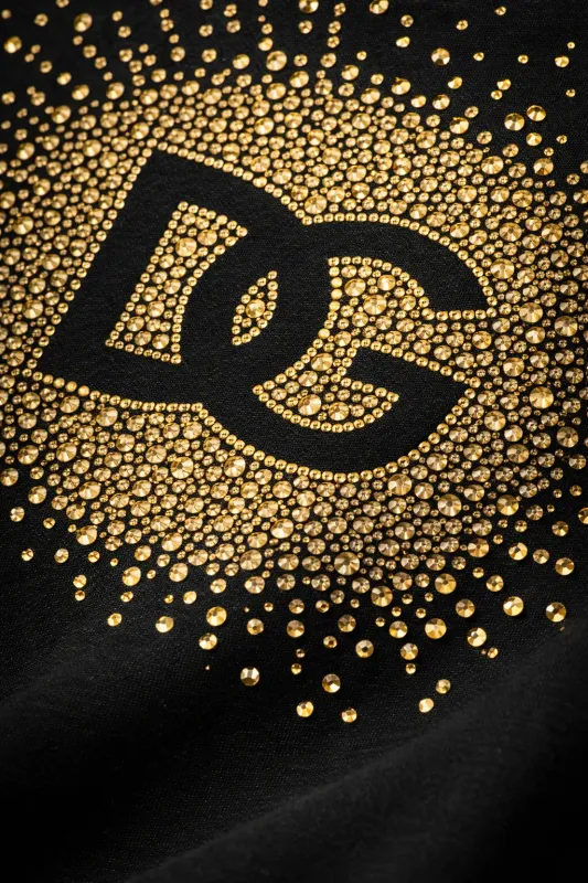 Dolce Gabbana gold crystal DG logo macro detail on black designer cotton t shirt