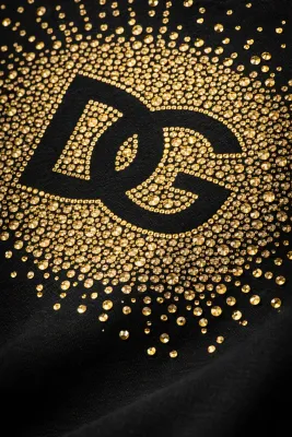 Dolce Gabbana gold crystal DG logo macro detail on black designer cotton t shirt