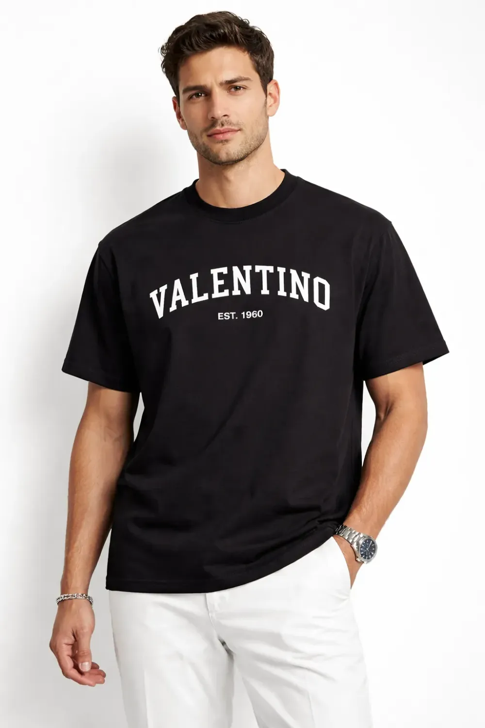Valentino black mens tees on male model front straight pose studio shot