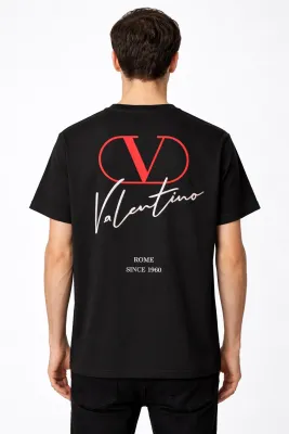 Valentino embroidered logo black tee shirt men model back pose red V logo print