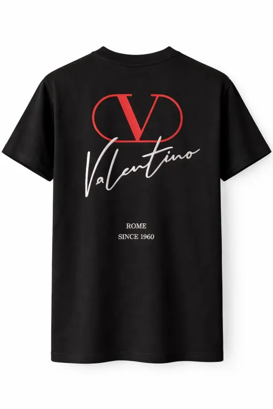 Valentino embroidered logo black tee shirt back view red V logo and white script print