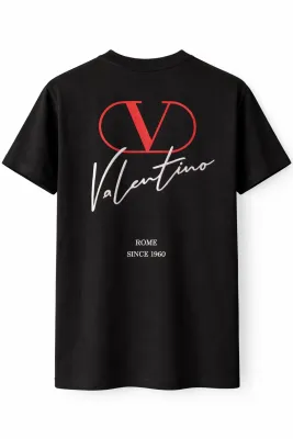 Valentino embroidered logo black tee shirt back view red V logo and white script print