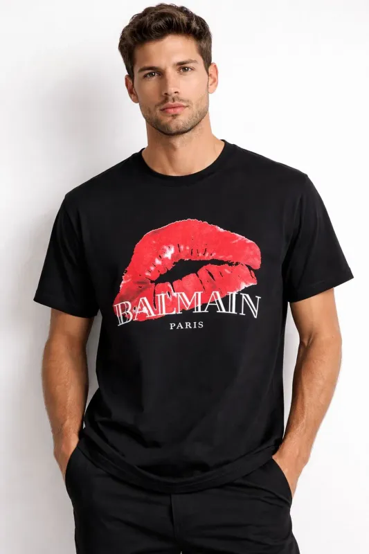 T shirt homme luxe Balmain black lips logo t shirt homme fashion luxe model