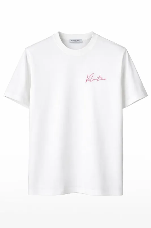 Valentino white logo embroidered t shirt men front catalog main image with pink chest logo