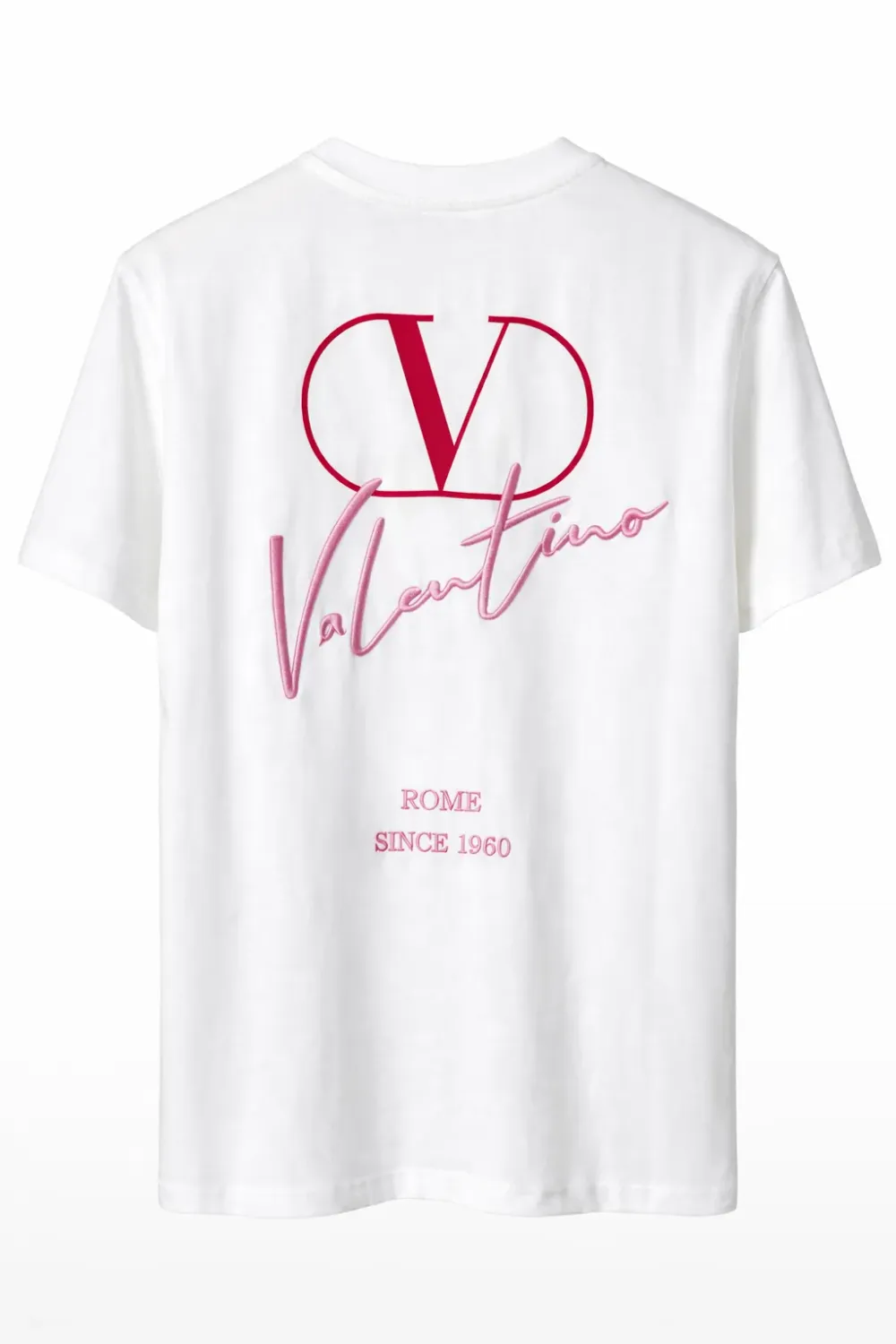 Valentino white logo embroidered t shirt men back catalog image with pink and red logo print