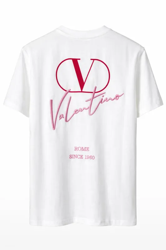 Valentino white logo embroidered t shirt men back catalog image with pink and red logo print