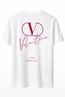 Valentino white logo embroidered t shirt men back catalog image with pink and red logo print