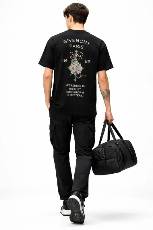 Designer tee shirts mens back walking pose with sports bag studio model shot